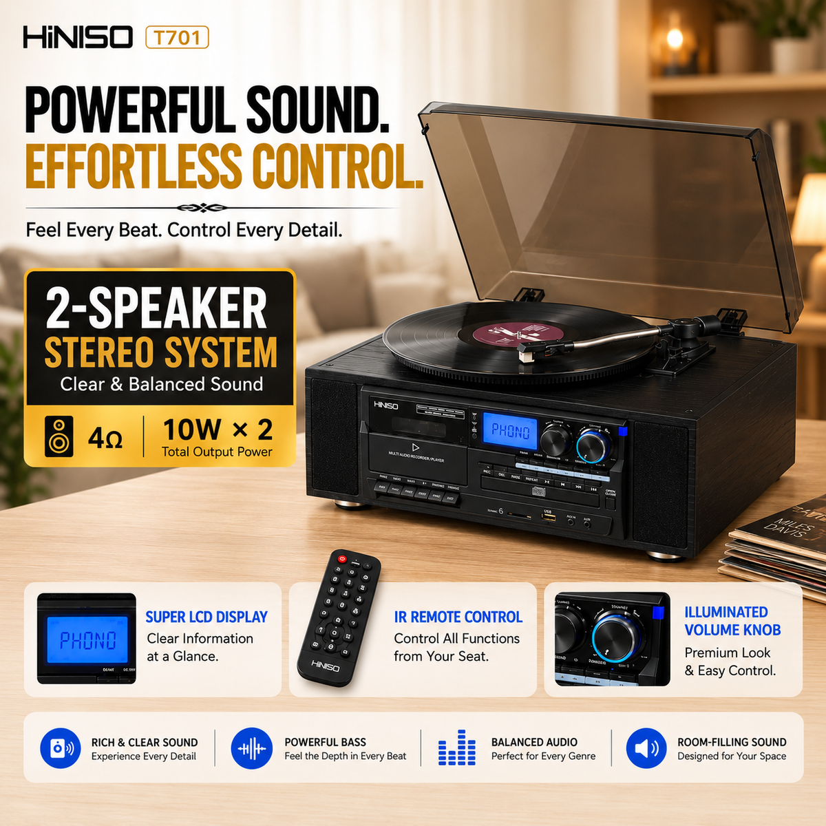 HINISO T701 10-in-1 Vinyl Turntable Record Player with Bluetooth, CD, Cassette