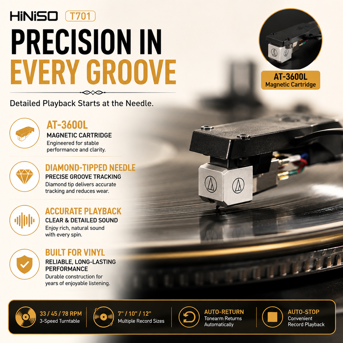HINISO T701 10-in-1 Vinyl Turntable Record Player with Bluetooth, CD, Cassette