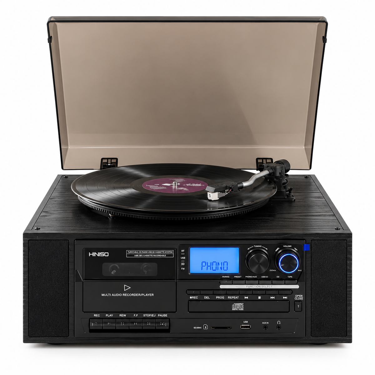 HINISO T701 10-in-1 Vinyl Turntable Record Player with Bluetooth, CD, Cassette