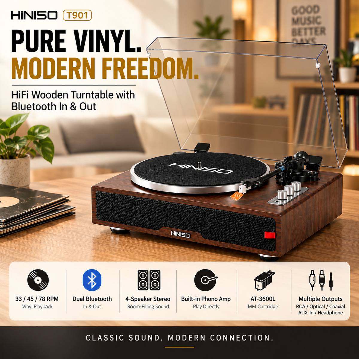 HINISO T901 HiFi Wooden Turntable with Bluetooth In & Out, Phono Amp