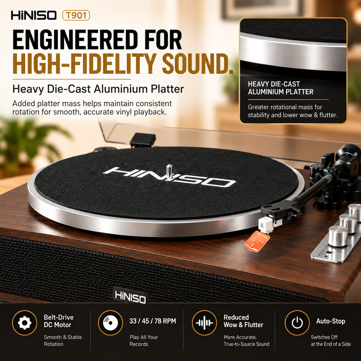 HINISO T901 HiFi Wooden Turntable with Bluetooth In & Out, Phono Amp
