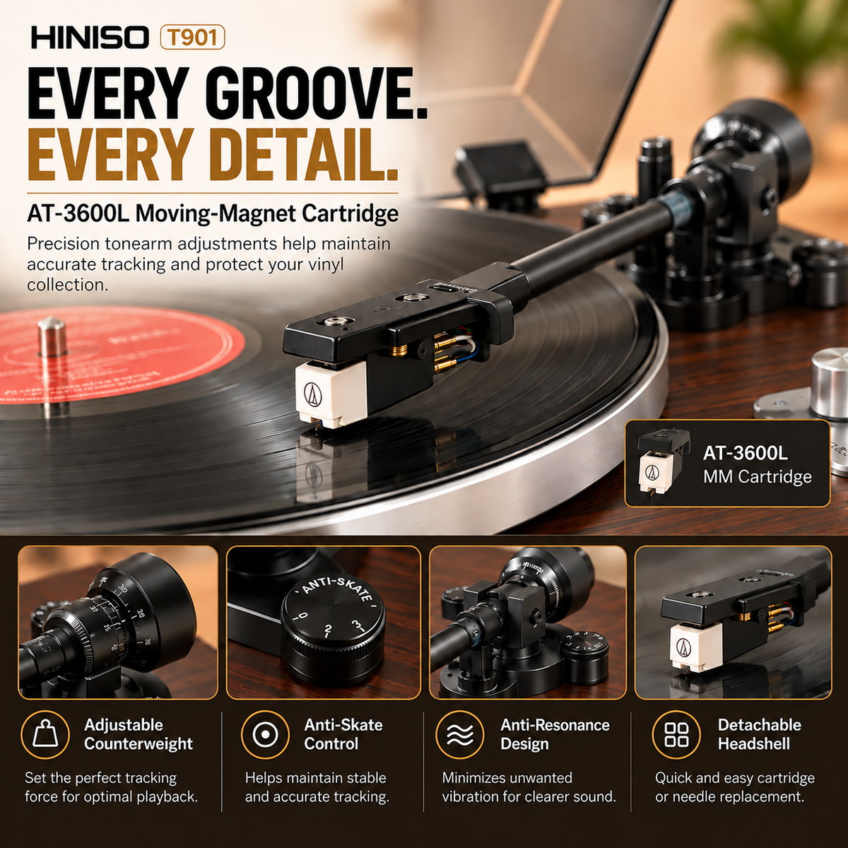 HINISO T901 HiFi Wooden Turntable with Bluetooth In & Out, Phono Amp