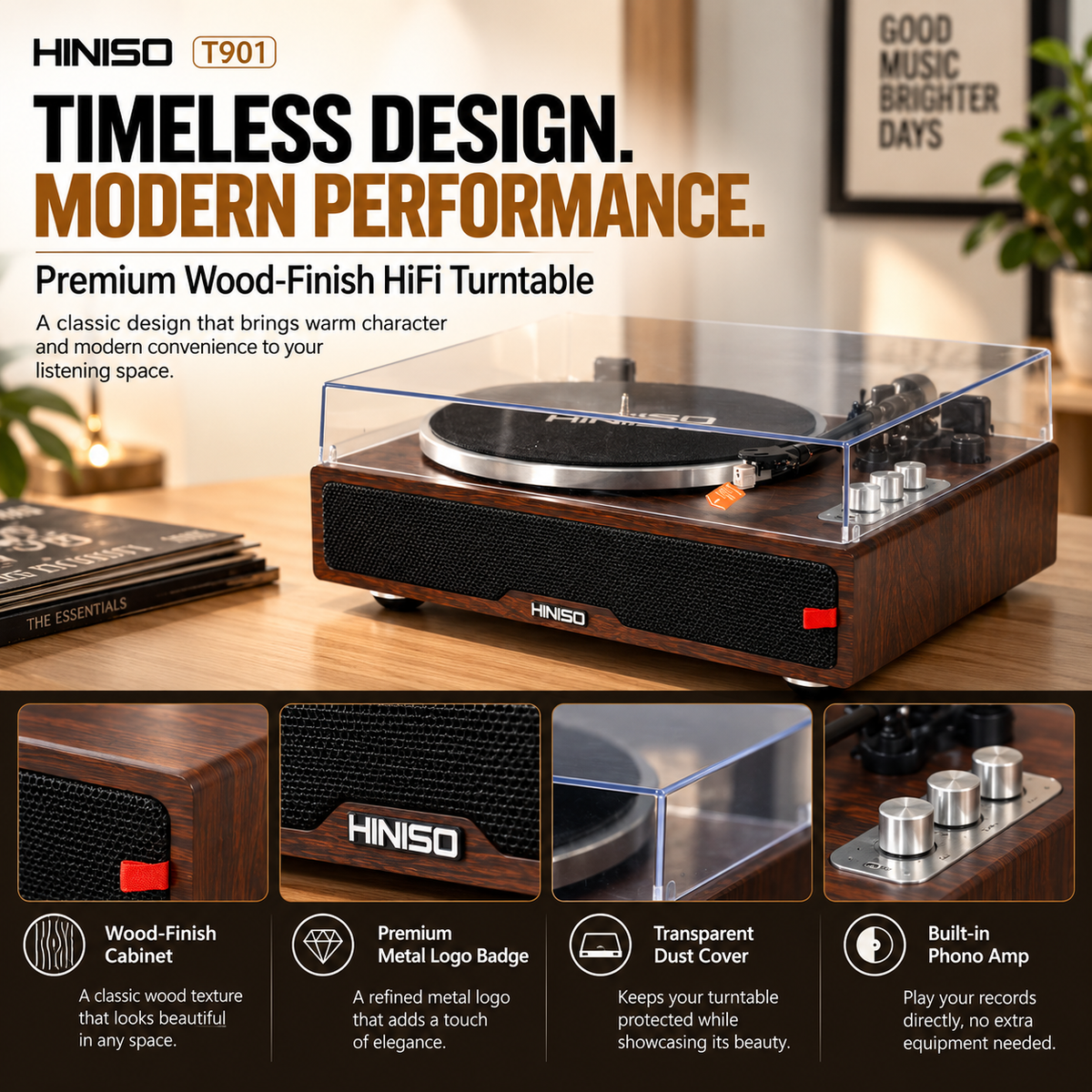 HINISO T901 HiFi Wooden Turntable with Bluetooth In & Out, Phono Amp