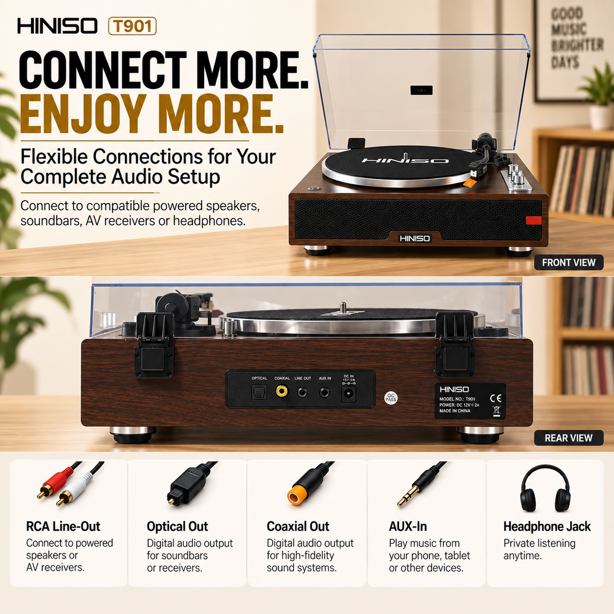 HINISO T901 HiFi Wooden Turntable with Bluetooth In & Out, Phono Amp