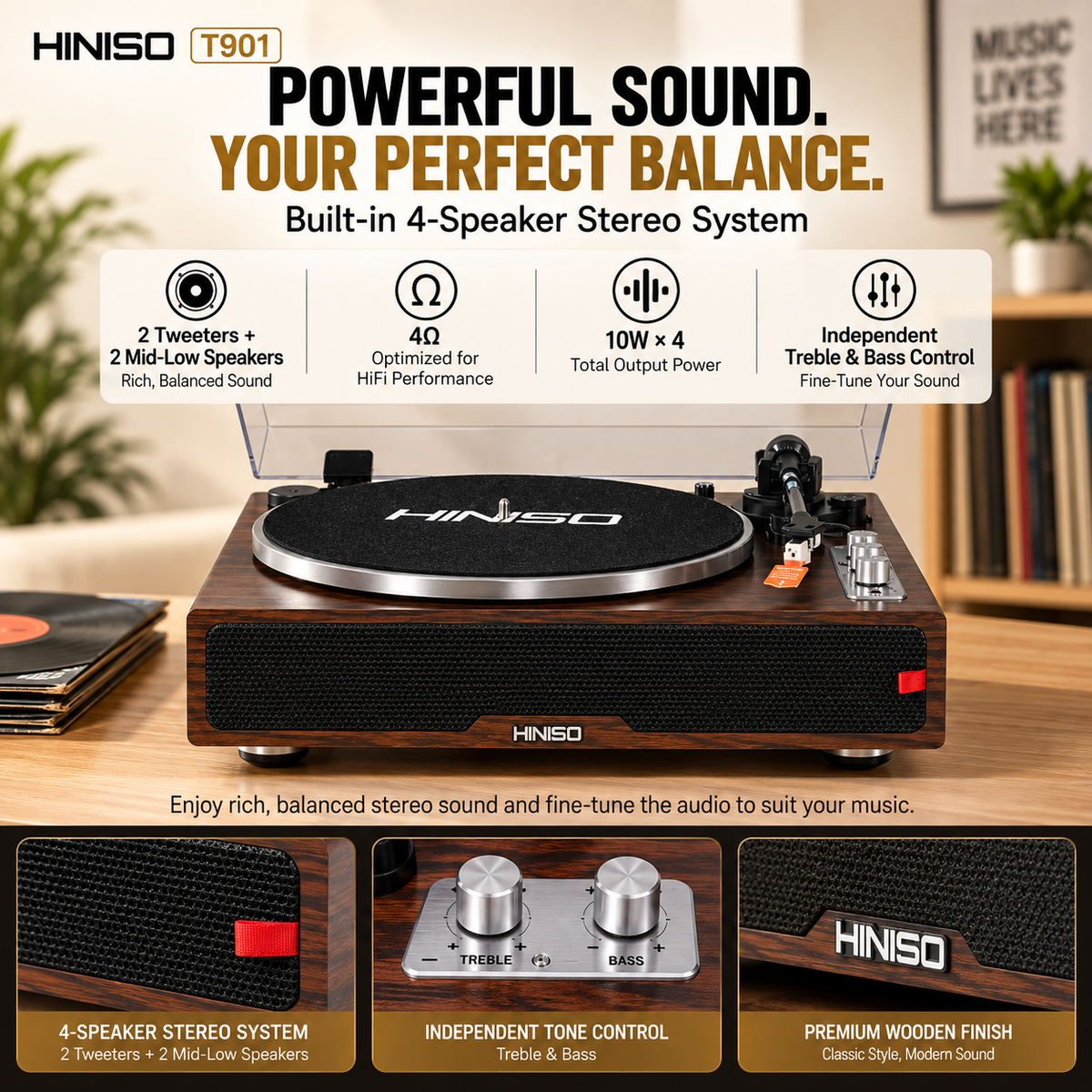 HINISO T901 HiFi Wooden Turntable with Bluetooth In & Out, Phono Amp