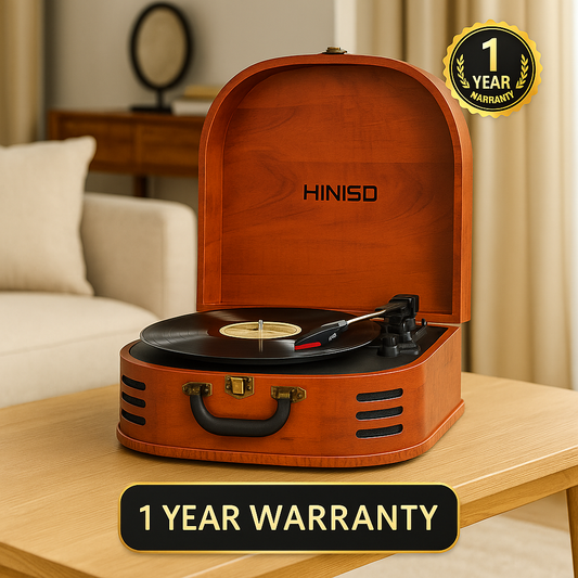 Hiniso T716 Bluetooth Vinyl Record Player | 3-Speed Belt-Drive Turntable with Built-in Speakers | Vintage Wooden Design | Bluetooth, AUX & RCA Output
