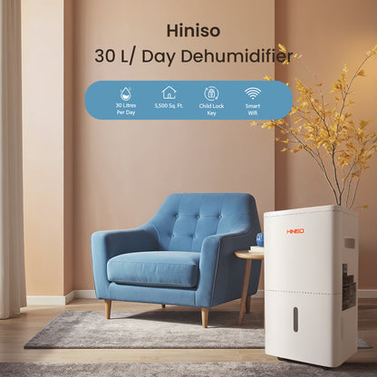 HINISO 30L WiFi Smart Dehumidifier for Home & Basement up to 5500 Sq.ft | App Control, 6.5L Tank, Drain Hose, Ionizer, Auto-Defrost, Quiet Operation, Clothes Dry Mode