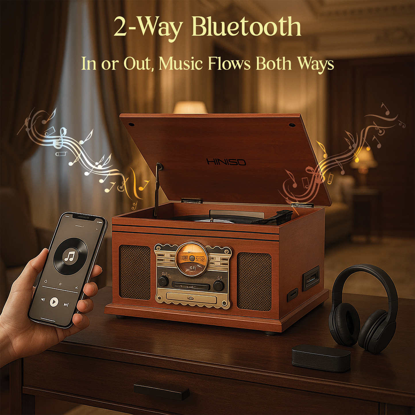 Hiniso 8-in-1 Vinyl Player with Bluetooth, USB Recording, CD/Cassette, FM, AUX, SD, Headphone Jack & Built-in Speakers | Convert Vinyl to MP3