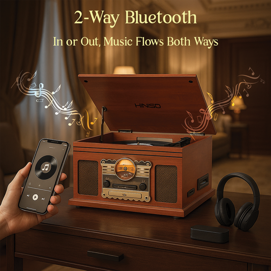 Hiniso 8-in-1 Vinyl Player with Bluetooth, USB Recording, CD/Cassette, FM, AUX, SD, Headphone Jack & Built-in Speakers | Convert Vinyl to MP3