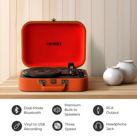 Hiniso Vintage Bluetooth Vinyl Record Player – 2-Way Bluetooth (In/Out), USB Recording | 3-Speed Turntable with Built-in Speakers | Convert Vinyl to MP3 | New T416 Design