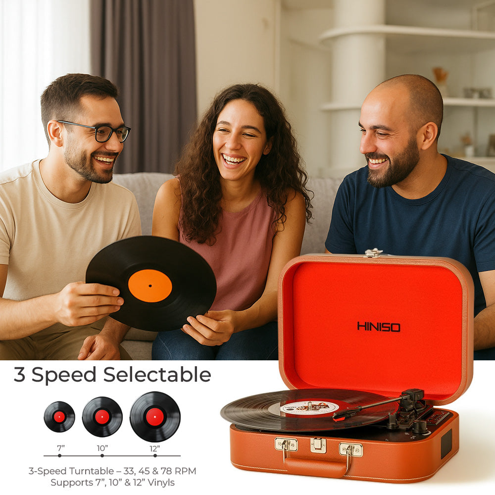 Hiniso Vintage Bluetooth Vinyl Record Player – 2-Way Bluetooth (In/Out), USB Recording | 3-Speed Turntable with Built-in Speakers | Convert Vinyl to MP3 | New T416 Design