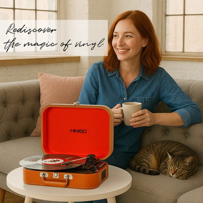 Hiniso Vintage Bluetooth Vinyl Record Player – 2-Way Bluetooth (In/Out), USB Recording | 3-Speed Turntable with Built-in Speakers | Convert Vinyl to MP3 | New T416 Design